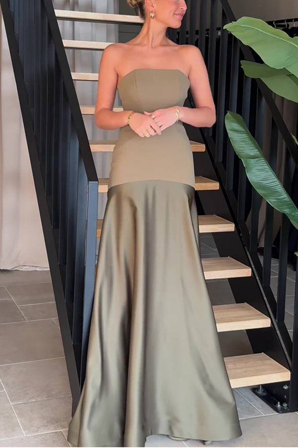 Strapless olive green gown in Beautiful Satin Dress, perfect for elegant fashion choices