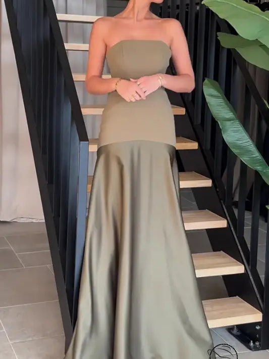 Elegant strapless olive green satin dress in Langry fashion