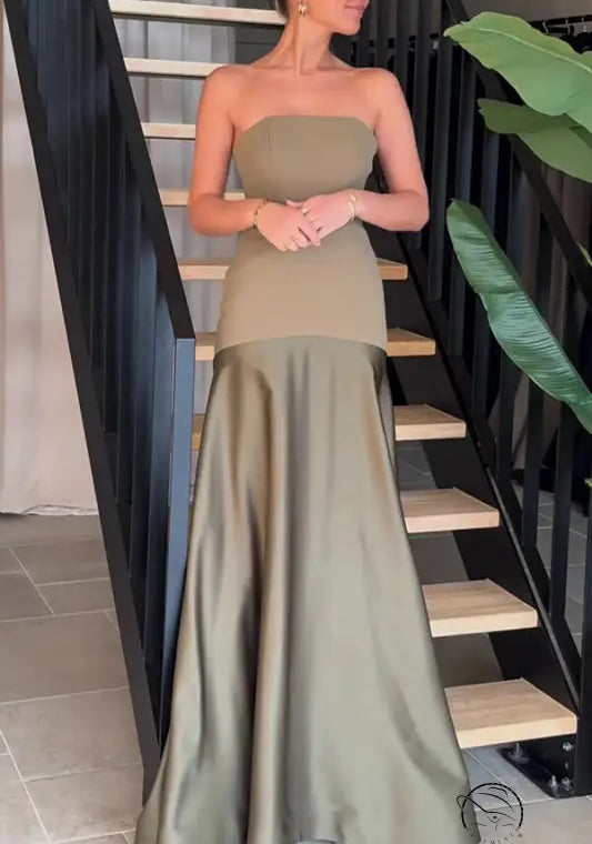 Elegant strapless olive green satin dress in Langry fashion