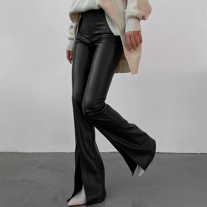 Black faux leather split-hem pants from Winter Faux Leather Slit Pants collection showing stylish langry fashion