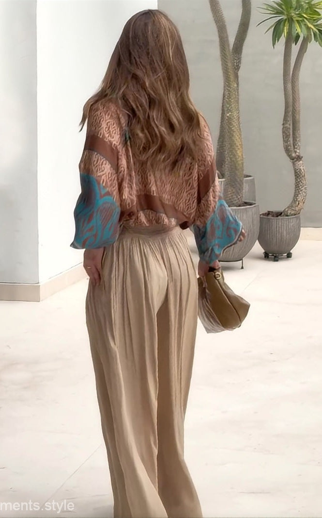 Flowing beige pants from elegant two piece set with free shipping option