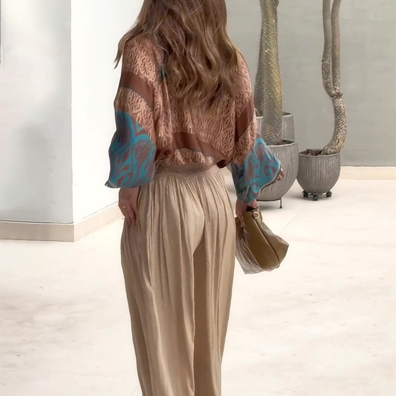 Flowing beige pants from elegant two piece set with free shipping option