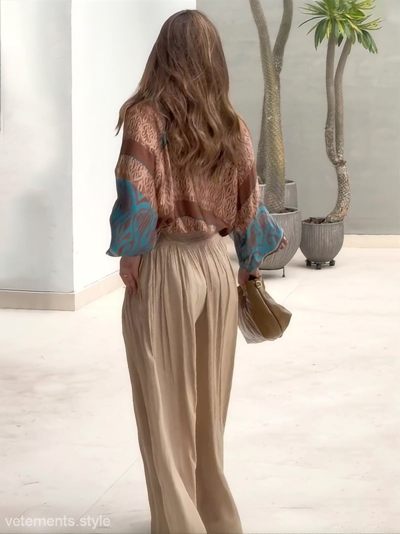 Flowing beige pants from elegant two piece set with free shipping option