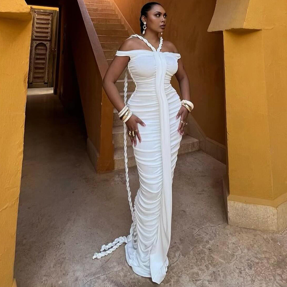 Elegant white off-the-shoulder dress from Langry fashion for stylish ملابس choices