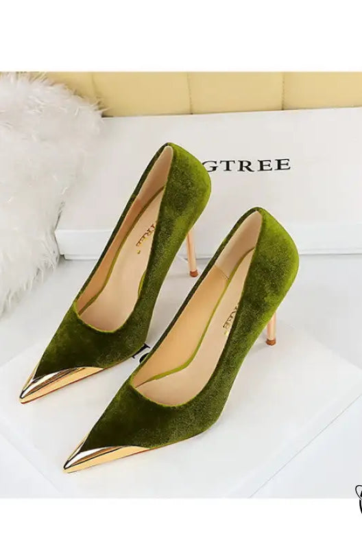 Green velvet langry fashion heels with gold toe caps, Cocktail Luxury