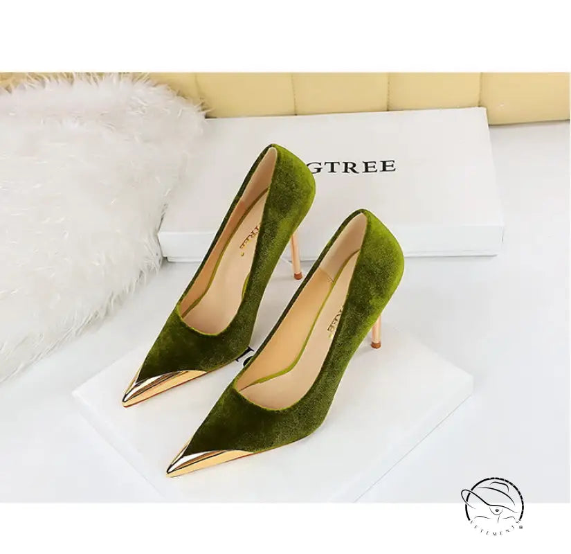 Green velvet langry fashion heels with gold toe caps, Cocktail Luxury