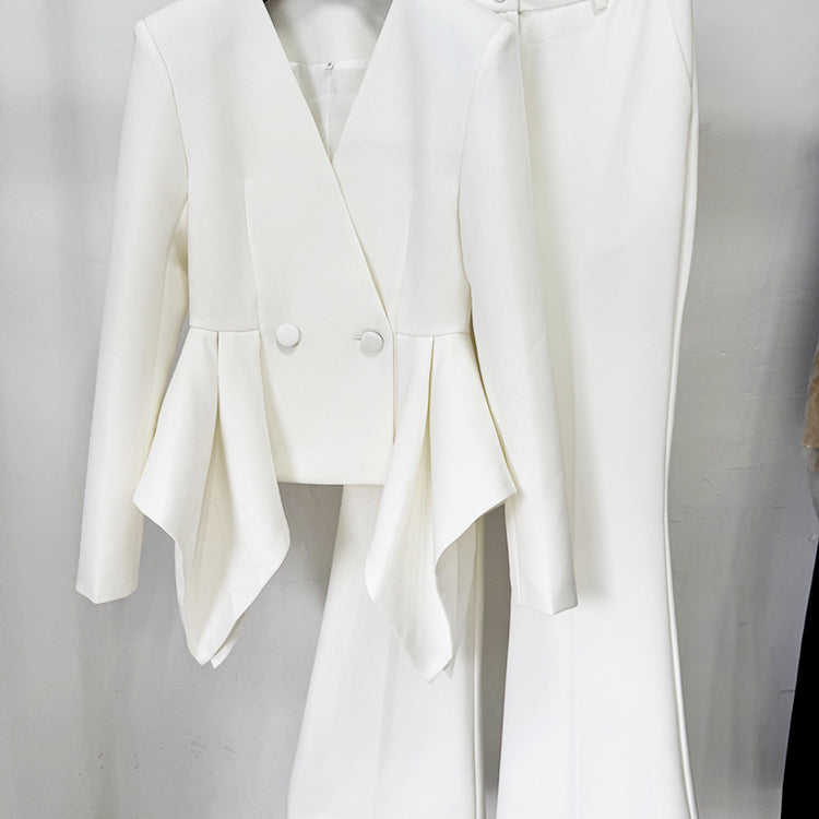Langry fashion white tailored peplum suit with buttons, slim top jacket set