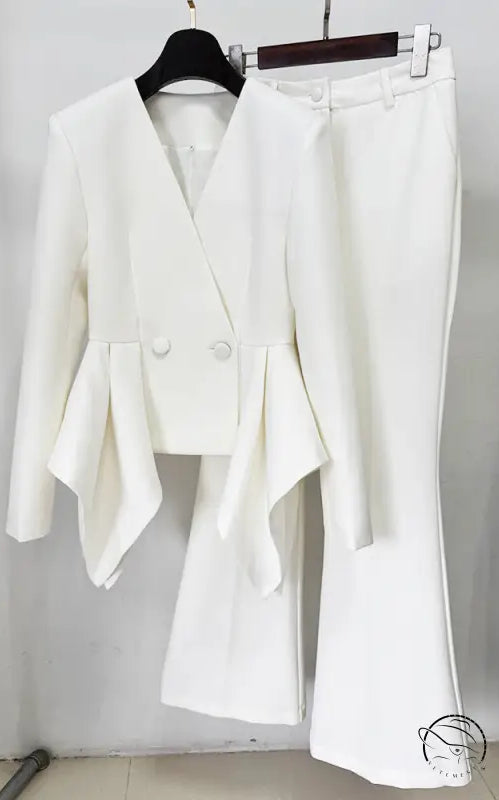 Langry fashion white tailored peplum suit with buttons, slim top jacket set