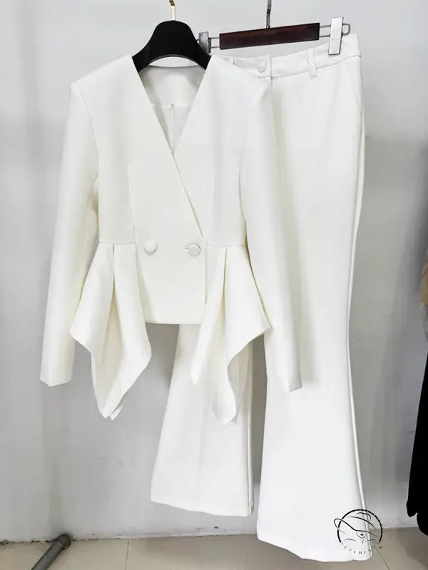 Langry fashion white tailored peplum suit with buttons, slim top jacket set