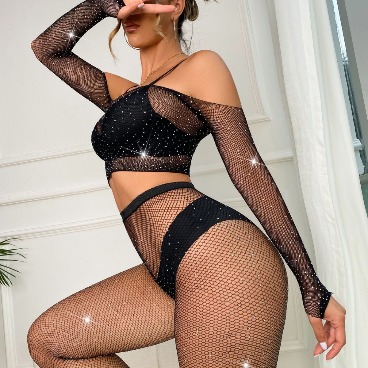 Chest Wrapped Rhinestone Lingerie Drill Starry Split Set