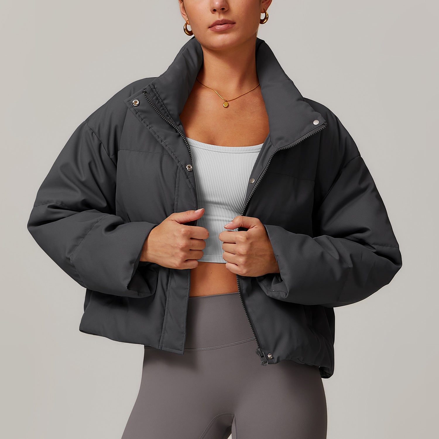 Gray cropped puffer jacket for comfortable warm fashion and ملابس in Langry style