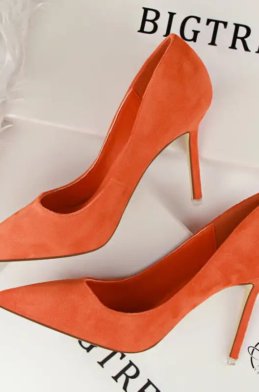 Simple stiletto orange suede pointed toe high heel pumps by Langry fashion