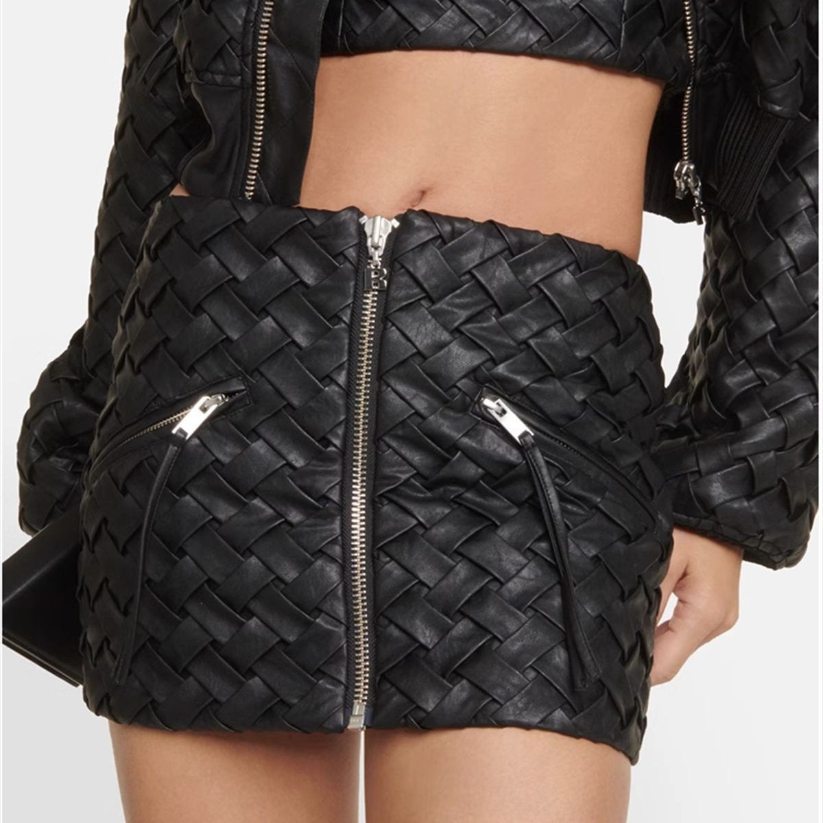 Niche Black Woven Leather Mini Skirt with Romantic Black Woven Design