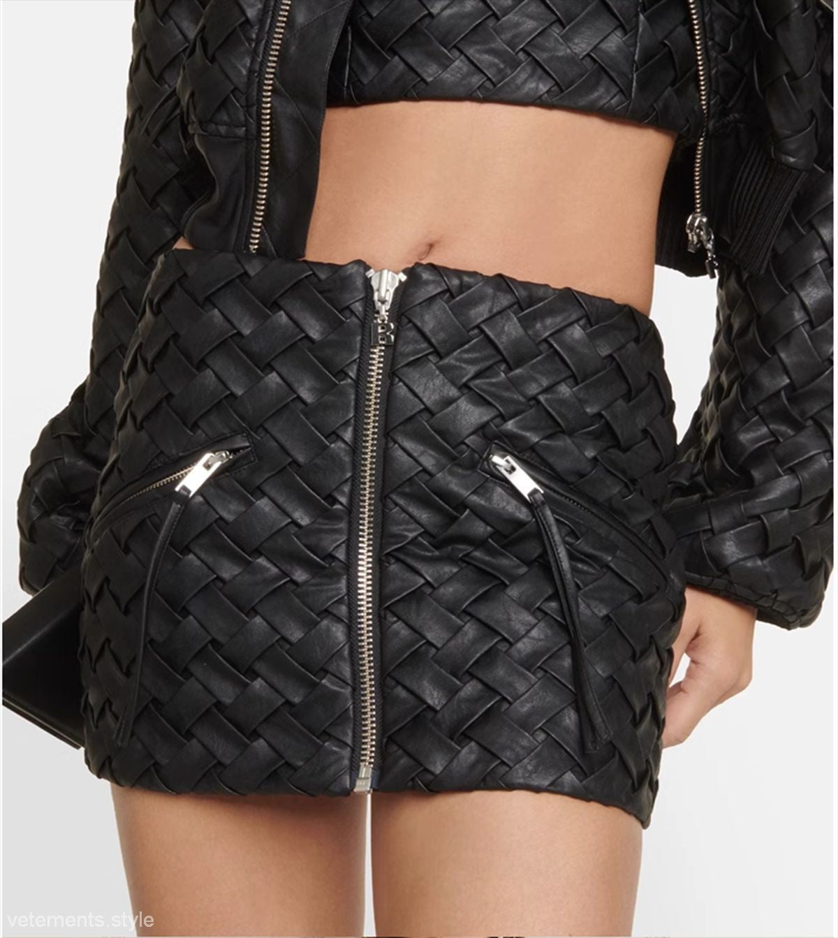 Niche Black Woven Leather Mini Skirt with Romantic Black Woven Design