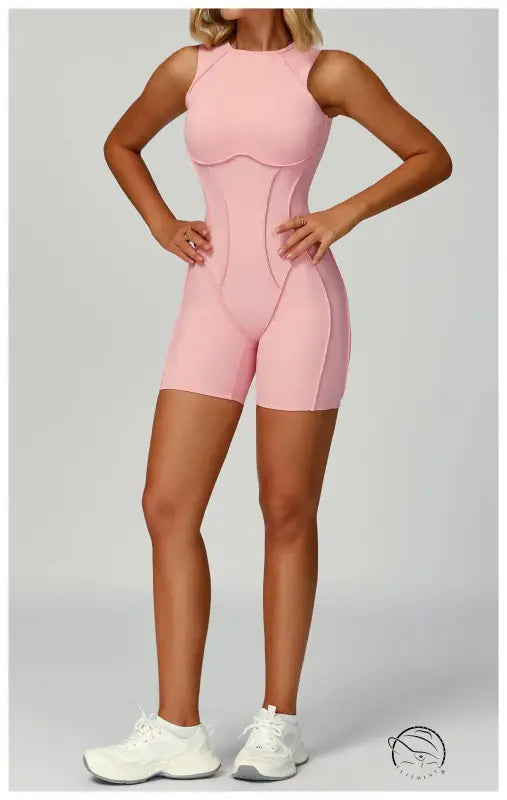 Pink langry fashion yoga jumpsuit in form-fitting design with white sneakers