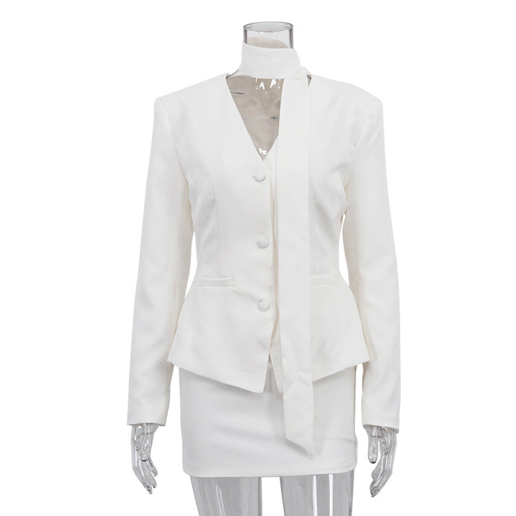 Elegant langry white peplum blazer with bow detail in fashion set