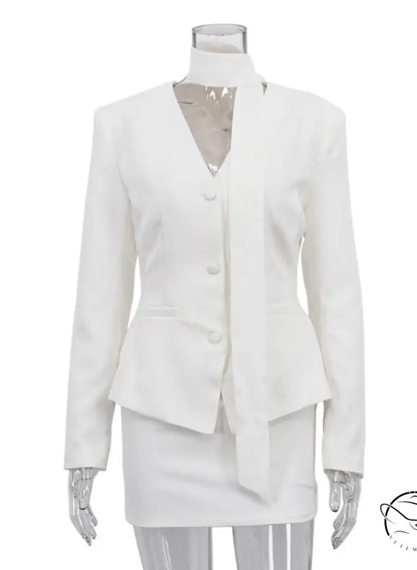 Elegant white peplum blazer with bow detail in langry fashion set