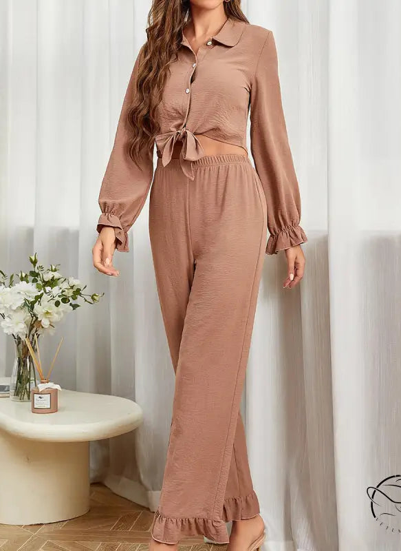 Mocha brown ruffled cardigan long sleeve pants two-piece set with cuffs