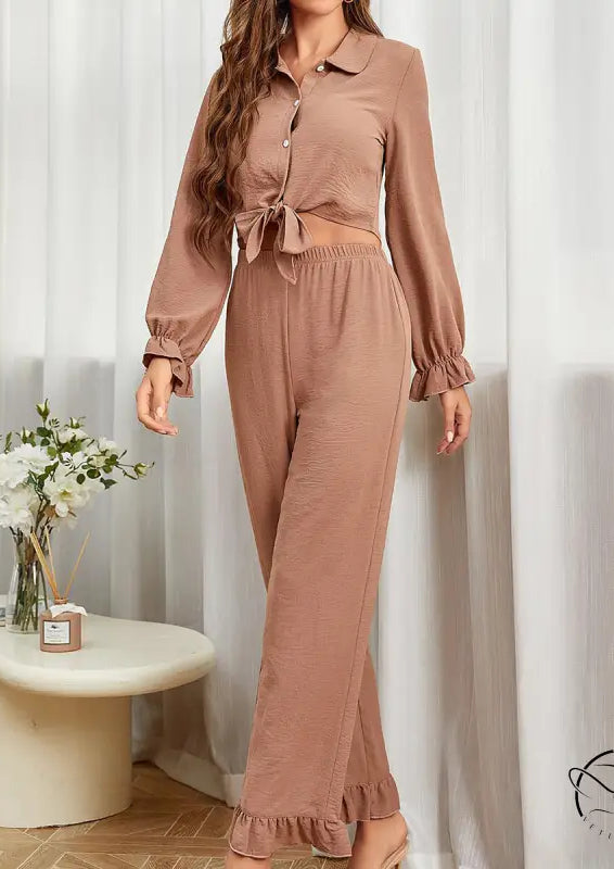 Mocha brown ruffled cardigan long sleeve pants two-piece set with cuffs
