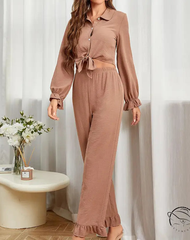 Mocha brown ruffled cardigan long sleeve pants two-piece set with cuffs