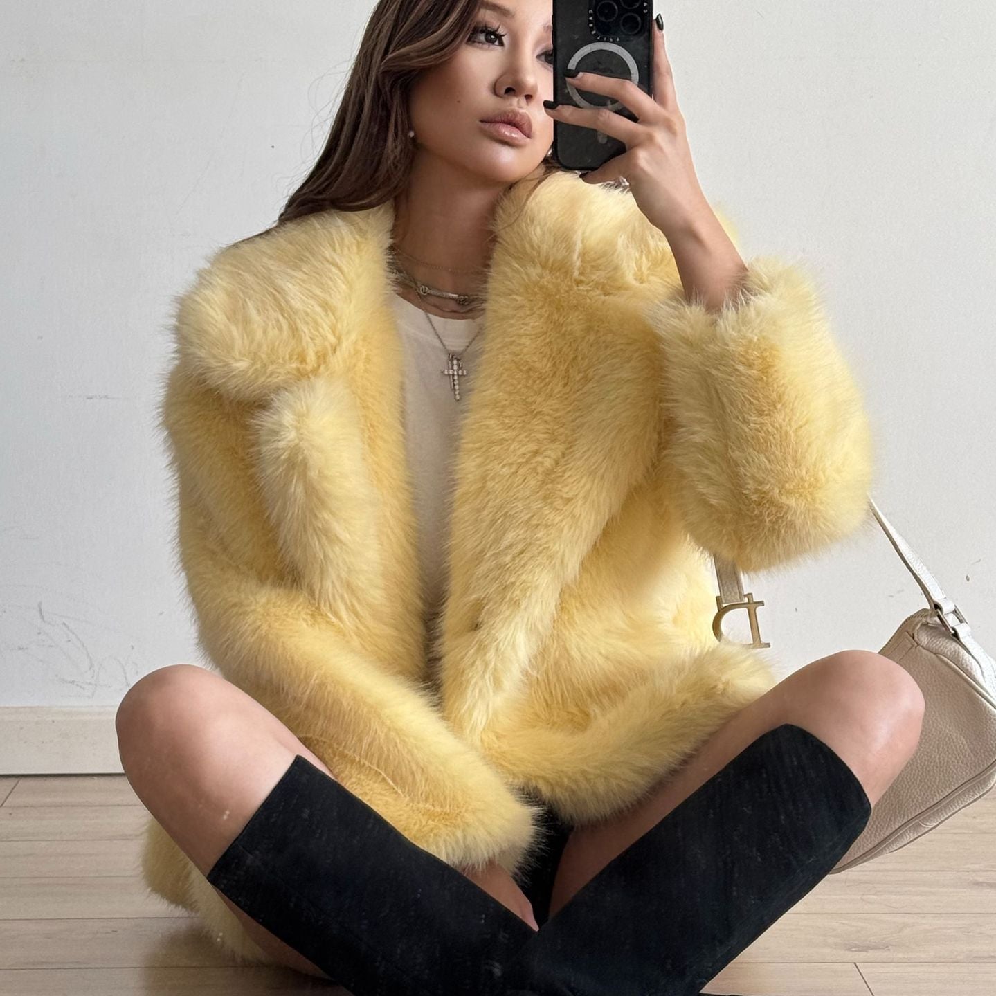 Yellow fluffy faux fur coat with black buttons, Langry fashion
