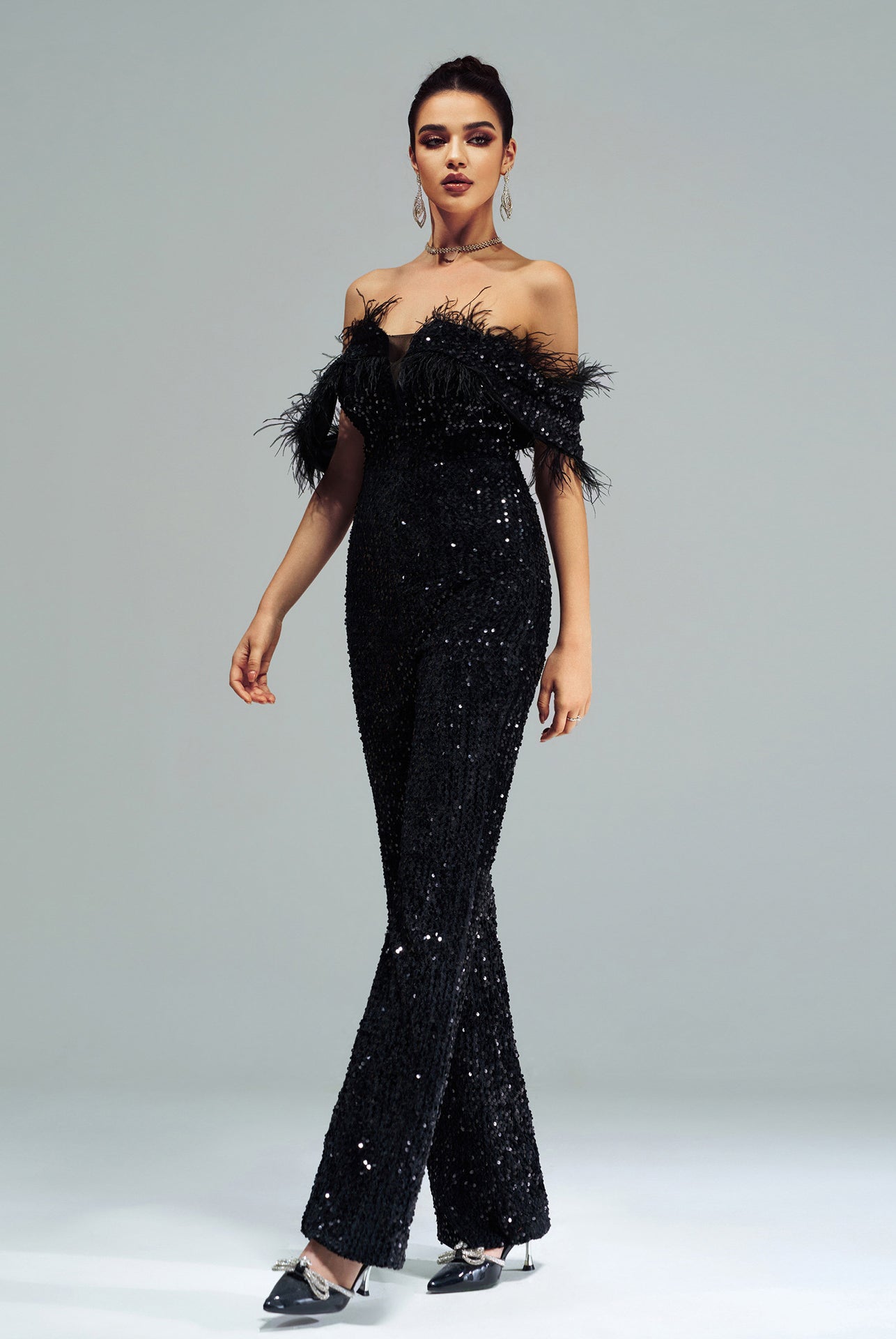 Elegant black sequined jumpsuit with feather trim from High End Cocktail Jumpsuit collection, perfect for stylish fashion statements and ملابس occasions