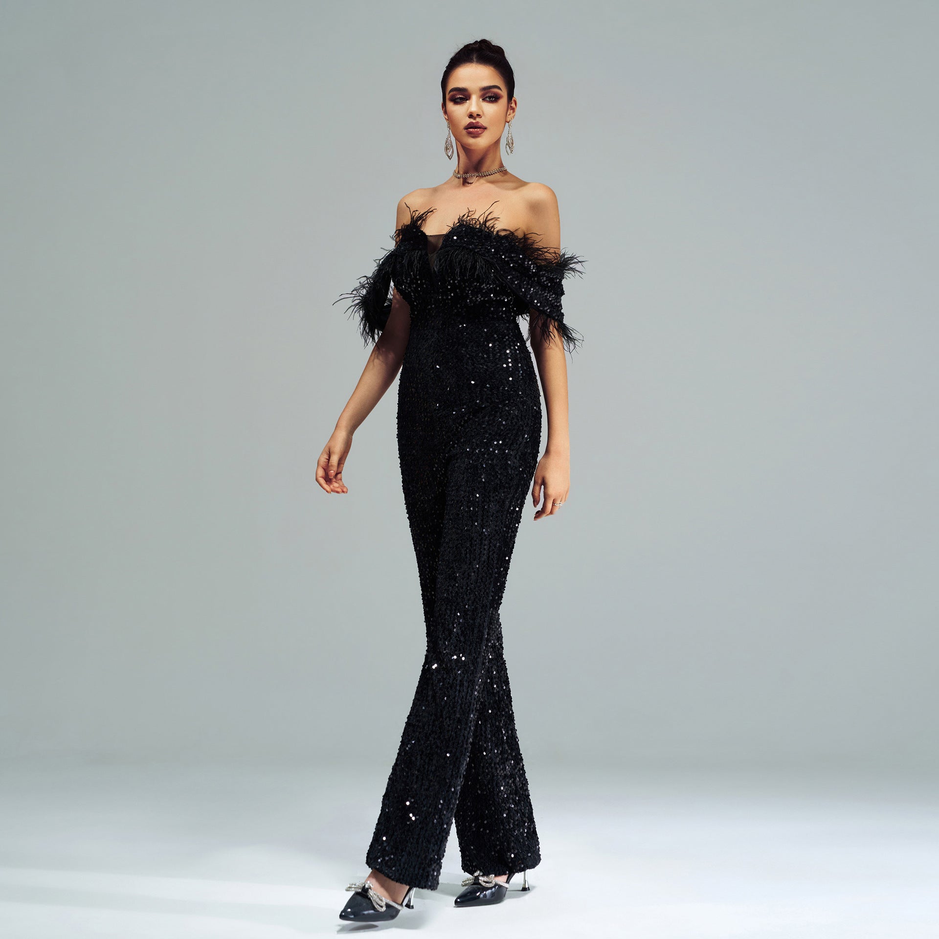 Elegant black sequined jumpsuit with feather trim from High End Cocktail Jumpsuit collection, perfect for stylish fashion statements and ملابس occasions