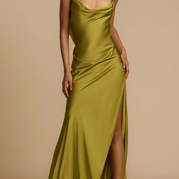Olive green satin slip dress from Stunning Loose Satin Dress, perfect for fashion-forward style