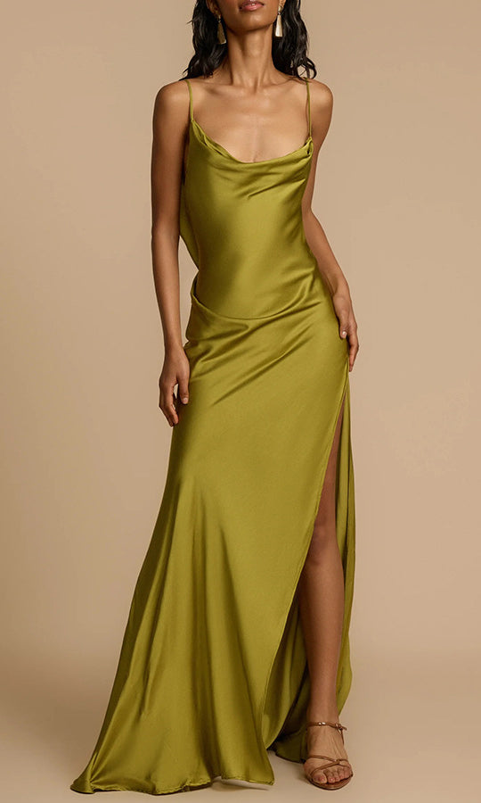 Olive green satin slip dress from Stunning Loose Satin Dress, perfect for fashion-forward style