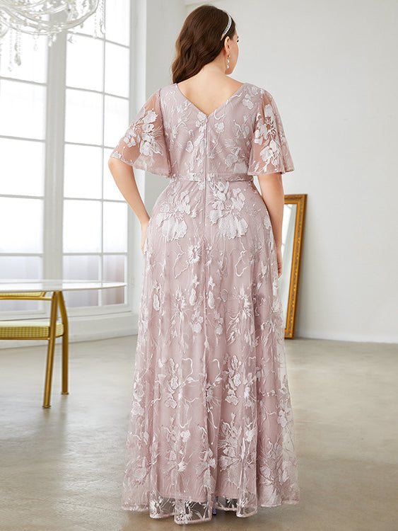 Elegant floral lace formal dress with embroidered flared sleeves for stylish fashion and ملابس