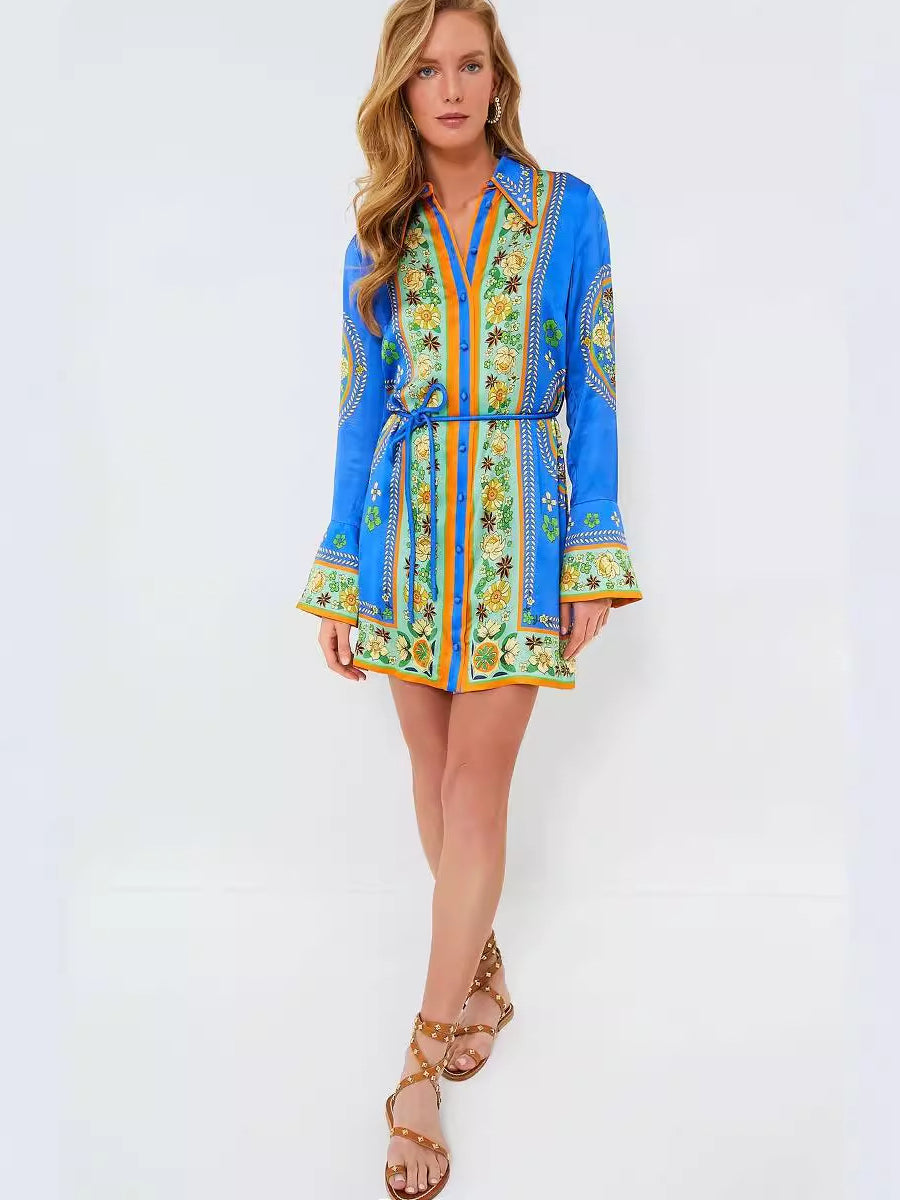 Collared Tied Waist Positioning Print Holiday Long Sleeve Dress Women