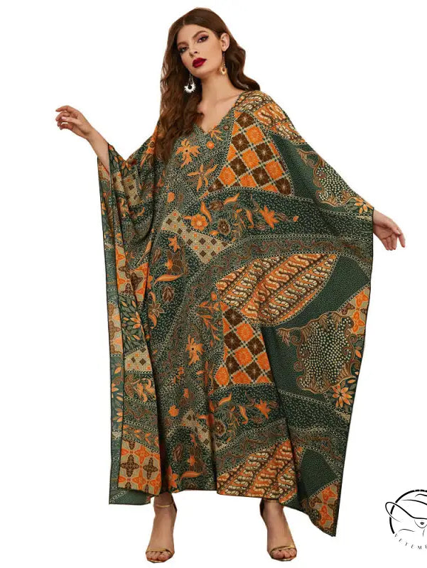 Elegant V-neck batwing sleeve langry fashion kaftan in green orange patchwork