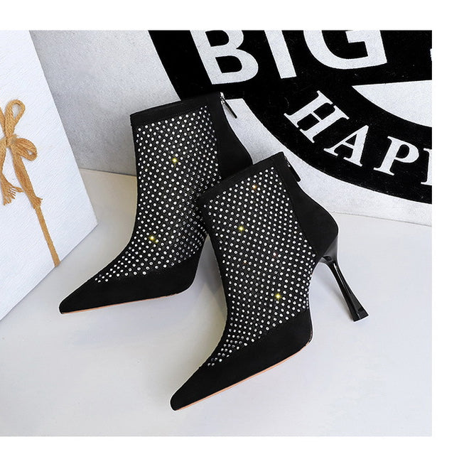 Langry fashion black suede ankle boots with studded mesh panels and pointed toes
