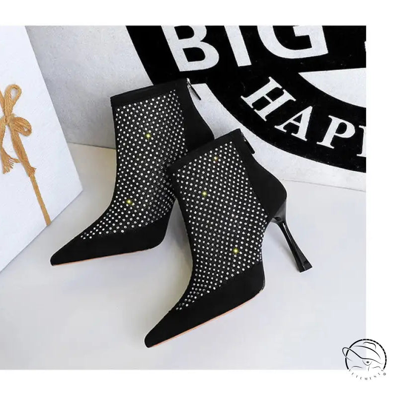 Black suede langry fashion ankle boots with mesh panels and pointed toes