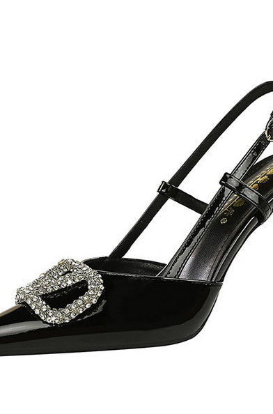 Classy High Heels: Black Patent Leather Slingback with Crystal Buckle