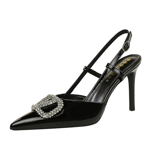 Classy High Heels: Black Patent Leather Slingback with Crystal Buckle