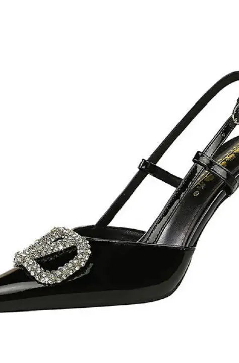 Classy high heels: black patent leather slingbacks with crystal buckle in langry fashion