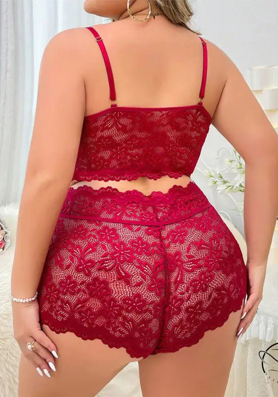 Red lace underwear corset two piece suit with floral pattern and thin straps