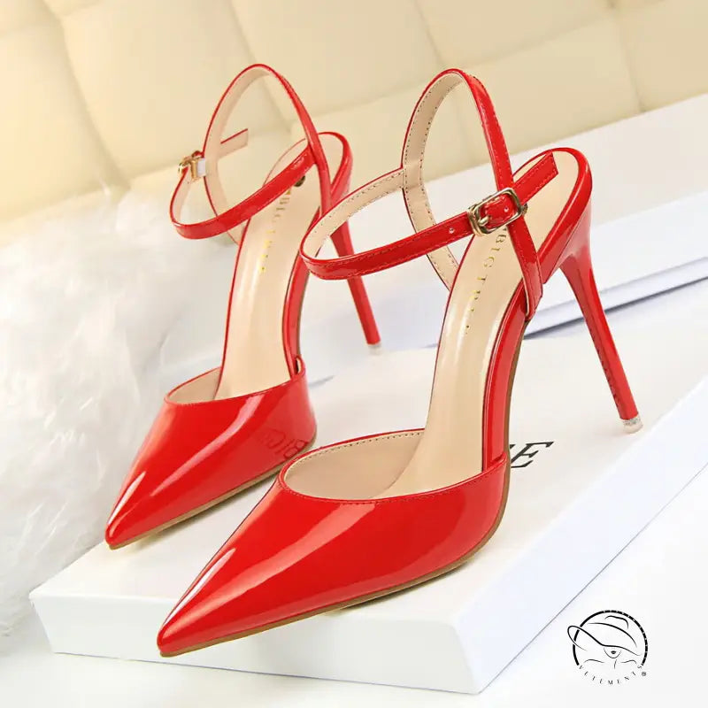 Red leather slim fit strap high heel pumps with pointed toes and ankle strap
