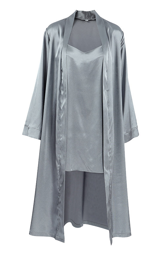 Gray satin robe and camisole set showcasing luxurious high-end home wear fashion