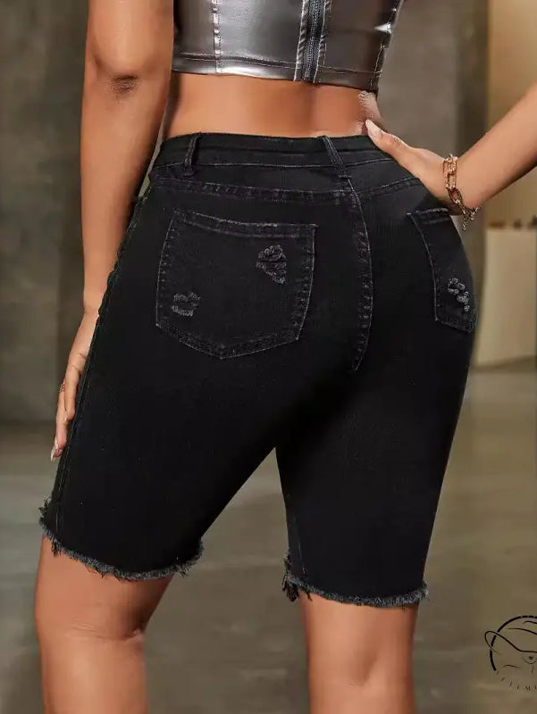Distressed black denim shorts high waist with frayed hems