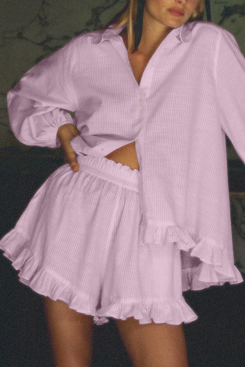 Elegant Puff Sleeve Ruffled Shirt Loose Shorts Two Piece Set