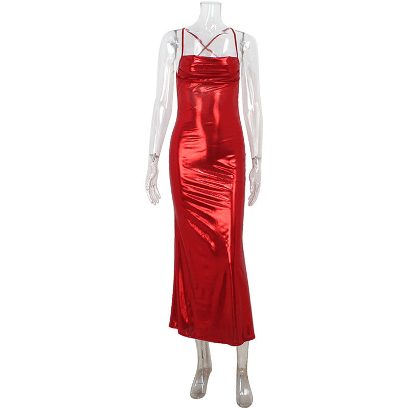 Red metallic slip dress for an Elegant Backless Slim Fit Cami Dress in modern fashion