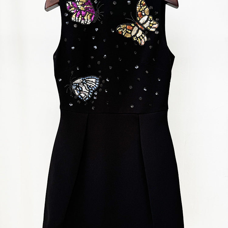 Sleeveless black dress with butterfly embellishments in Elegant Diamond Butterfly Slim Vest Dress