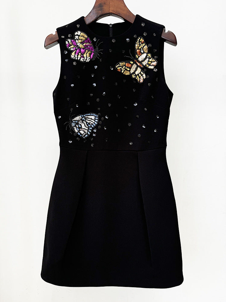 Sleeveless black dress with butterfly embellishments in Elegant Diamond Butterfly Slim Vest Dress