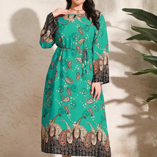 Ethnic Loose Maxi Dress Cashew Printed Long Sleeve