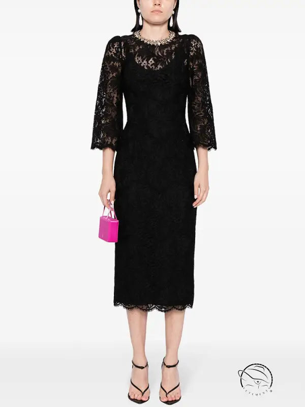 Elegant slim lace black midi dress
