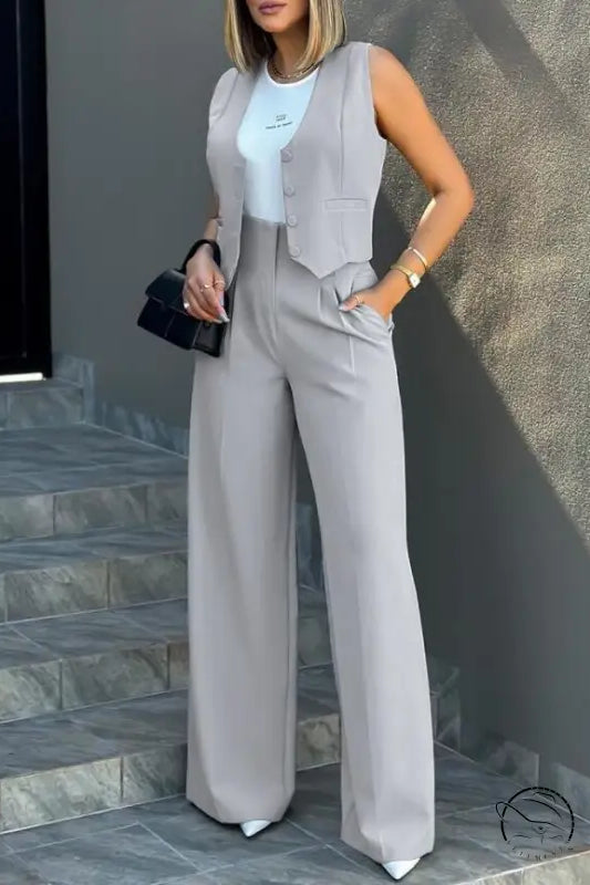 Elegant gray vest jacket wide leg pants suit for women