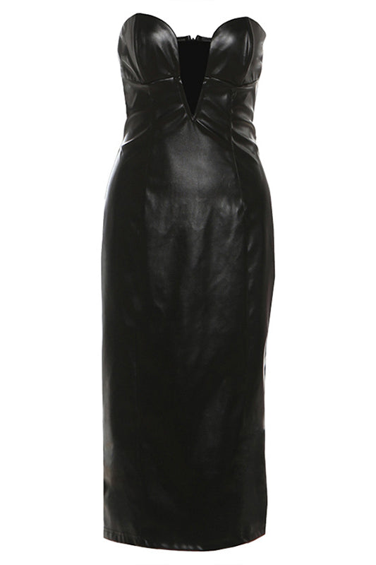 Elegant slim fit faux leather tube top dress in black with ruched bodice