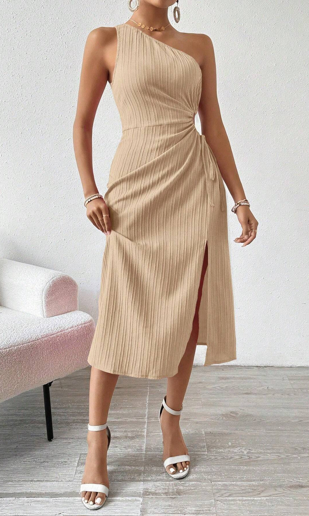 Beige one-shoulder midi dress from Langry, perfect for elegant fashion occasions
